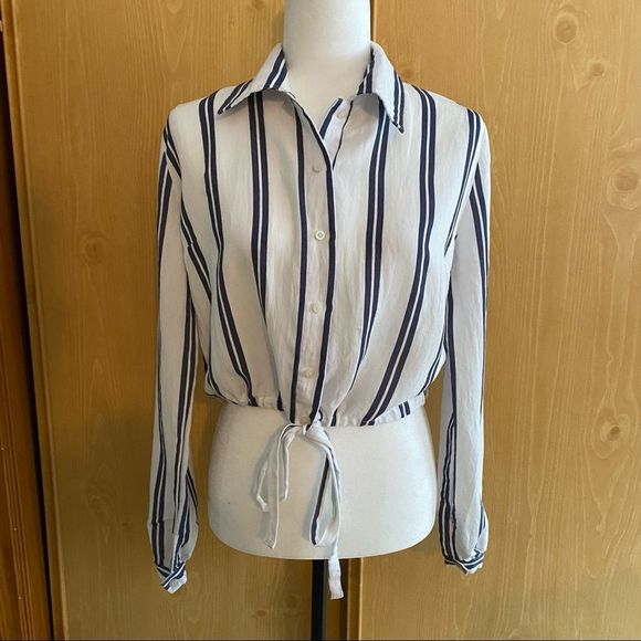 Brandy Melville J. Galt • Striped Crop Cinch Tie Waist Blouse - Picture 2 of 10